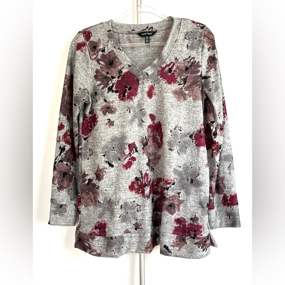 Ellen Tracy Long‎ Sleeve Grey & Burgundy Floral Soft V-Neck Pocket Tunic Top XL